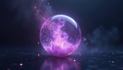 Leinwandbilder - Futuristic illustration of translucent purple energy sphere. Glowing abstract magic round ball with liquid plasma effect in dark background. Concept design, 3D artwork, ideal for tech, science themes.