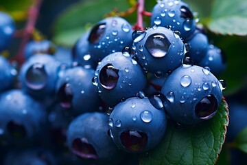 Poster - Close up of ripe blueberries covered with sparkling water droplets, growing on a bush