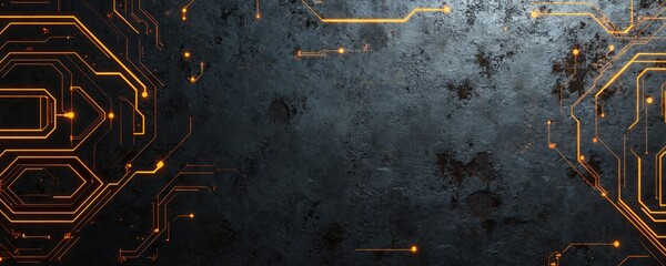 Leinwandbilder - Futuristic grunge technology backdrop featuring sci-fi circuit pattern. Illustrates urban engineering cyberpunk aesthetics with neon colors. Digital design for tech, innovation, electronic system