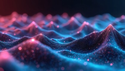 Leinwandbilder - Abstract digital illustration of glowing peaks valleys. Futuristic landscape with light effects. Digital art design for science technology innovation. Cyberpunk futuristic visual concept with blue