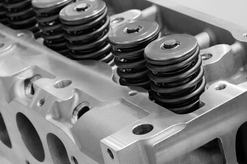 Poster - disassembled silver car engine auto service concept background.