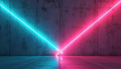 Leinwandbilder - Abstract illustration with neon lights on concrete surface. Blue, pink vibrant glowing lines cross. Modern geometric background for tech, digital design, advertising. Futuristic interior space.