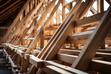 Poster - Close up view of prefabricated wooden roof trusses, showcasing the craftsmanship and structural integrity of new home construction framing