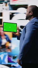 Poster - Vertical Video Social media environment with a person using copy space device, surrounded by tech visuals, infographics and digital apps. Emphasizing communication and web entertainment. Camera A.