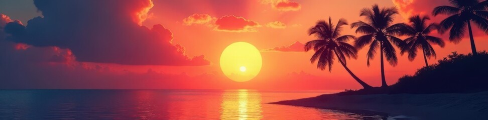 Wall Mural - fiery sunset hues paint the sky, silhouetting palm trees against a calm ocean , vibrant, twilight