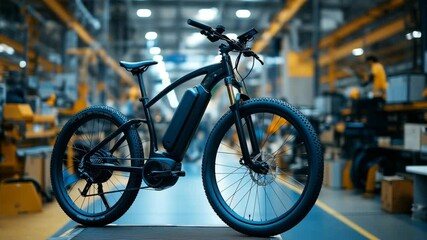 Poster - In a bustling factory, skilled workers assemble sleek electric bicycles with precision. The camera moves around the object.