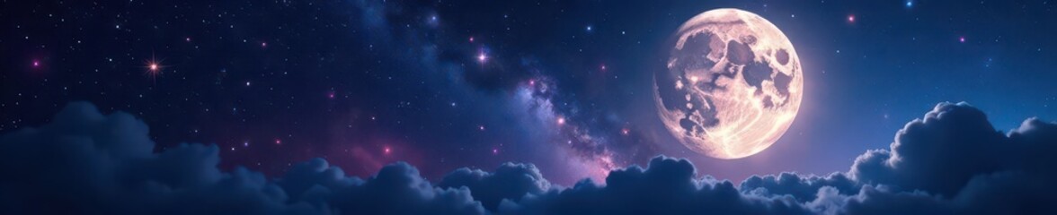 Wall Mural - Full moon dominates starry night, cosmic nebulae swirl , milky way, nebula