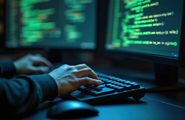 Poster - Closeup of hands on keyboard. Programmer types code on screen. Working on computer, coding process, software developer at work. Modern technology, information, business, software development, coding,