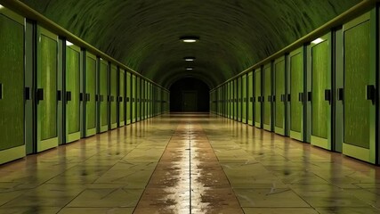 Poster - Eerie Hallway Long, Dimly Lit Corridor with Green Lockers Reflecting Light, Creating Mysterious Atmosphere and Enhancing Feel.