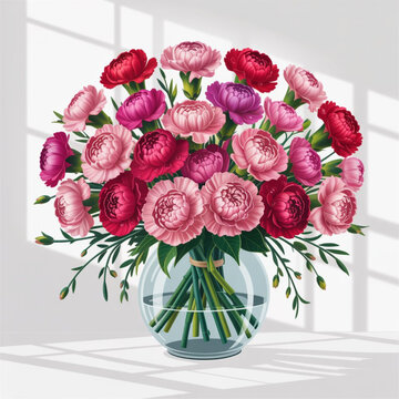 Parents Day bouquet, pink and red carnations, white background, elegant, floral, realistic vector, soft shadows.
