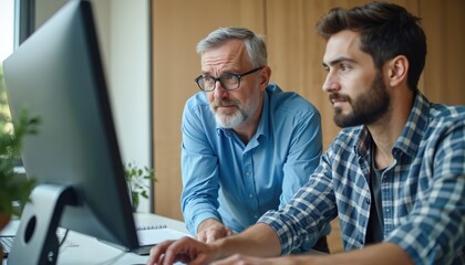 Senior mentor guides junior employee on computer. Two men look at screen, discussing task. Teamwork, cooperation at workplace. Learning, training, mentoring, coaching. Digital tech and business.