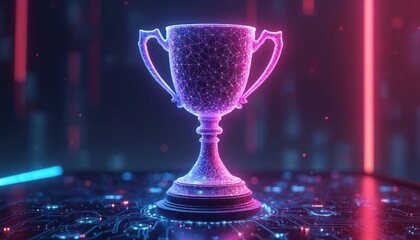 Poster - Futuristic digital trophy cup in cyber space. Neon colors, glowing. Technology award, achievement, success concept. Abstract three-dimensional modern design on digital circuit board.