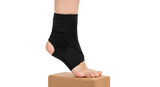 Blank compression ankle wrap worn mockup on yoga block, mid-calf view, isolated