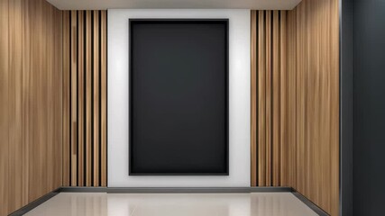 Fototapete - Modern Empty Display: A contemporary space features clean lines, wooden paneling, and a blank black display, perfect for showcasing a presentation.