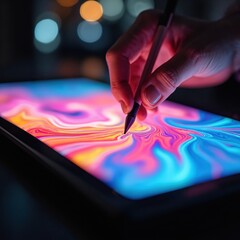 Poster - Hand uses stylus to create digital art on tablet. Vibrant, swirling colors on display create mesmerizing blend technology art. Soft ambient light and bokeh lights in background.