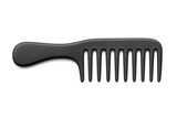Black plastic hair comb resting flatly, cutting transparent background with minimalist styling design