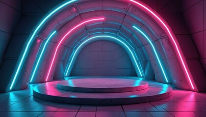 Poster - 3D neon futuristic background with polygonal structure, stage with product podium. Cyber space virtual reality, colored lights, retro sci-fi style design. Empty room, product placement.