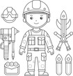 © Milon Store - Cartoon firefighter in action pose outlined for kids coloring page