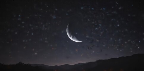 Wall Mural - Crescent moon hangs low, few bright stars scattered across inky black , universe, heavenly bodies, minimalist