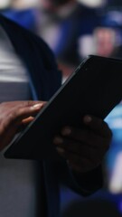 Poster - Vertical Video Black social network user oversees dashboards with dynamic interfaces showcasing social media and networking, highlighting the importance of online engagement and global connection
