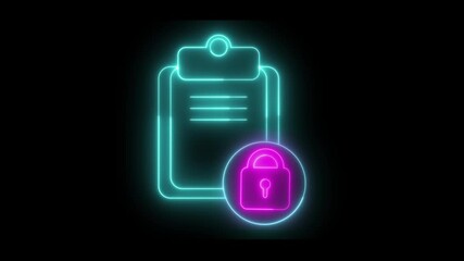 Poster - Neon light effect animation of a clipboard and a padlock icons