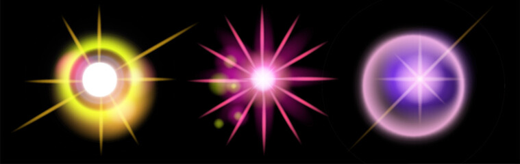 Aufkleber - Vector illustration of three glowing lens flare effects on black. Styles are modern and digital, using bright pink, white, yellow, and soft, radiant, spiked circular shapes.