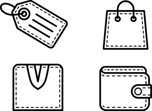 Illustration of a price tag, shopping bag, envelope, and wallet in a minimalist line art style
