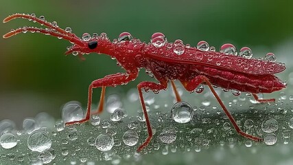 Poster - Stunning Macro Shot: Red Insect Covered in Water Droplets