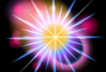 Aufkleber - Vivid vector illustration of a glowing burst with spiked rays, in modern digital and neon style. Features yellow, blue, pink, purple colors with soft circles and bright star shapes.