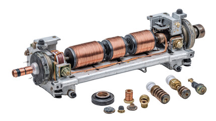 Poster - Industrial motor assembly with copper coils and components on a white isolated background.