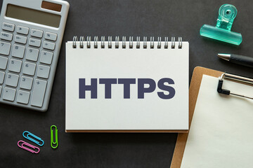 Poster - There is notebook with the word HTTPS. It is an abbreviation for Hypertext Transfer Protocol Secure as eye-catching image.