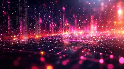 Fototapete - Abstract digital cityscape. Vivid glowing network