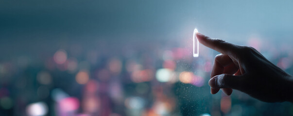 Poster - A fingertip gently touches a glowing digital keyhole against a blurred cityscape backdrop.  This image represents access, security, opportunity, and the future of technology.