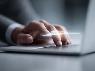 Poster - Closeup of a hand using a laptop keyboard with glowing lines, symbolizing connectivity and digital communication. Perfect for business, technology, and innovation themes.