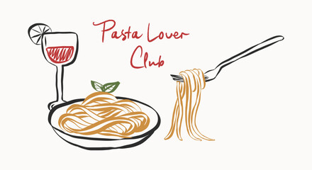 Aufkleber - Whimsical doodles of pasta. Vintage icons with la dolce vita aesthetic in crayon and sketch style. Trendy art for menus and restaurant poster. Outline quirky vector illustration