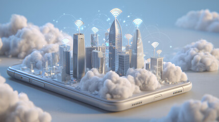 Poster - Futuristic cityscape with wi fi signals emerging from a smartphone screen