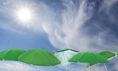 Wall Mural - green beach umbrellas against blue sky on sunny day