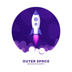Wall Mural - Rocket launch, space futuristic colorful background with planets and stars. Cartoon starship, spaceship in night sky. Solar system, galaxy and universe exploration. Vector illustration