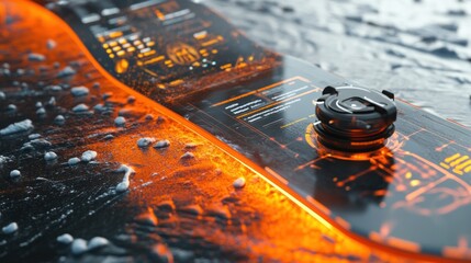 Futuristic, glowing, transparent board with digital displays and a small black orb sits on a textured, orange and grey surface