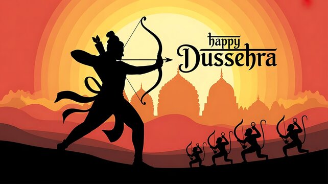 Indian holiday Vijayadashami. Happy Dussehra writing. God Rama with bow, arrows., created with generative ai