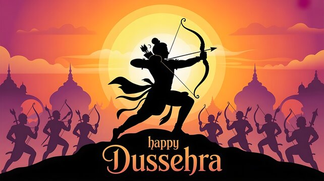 Indian holiday Vijayadashami. Happy Dussehra writing. God Rama with bow, arrows., created with generative ai
