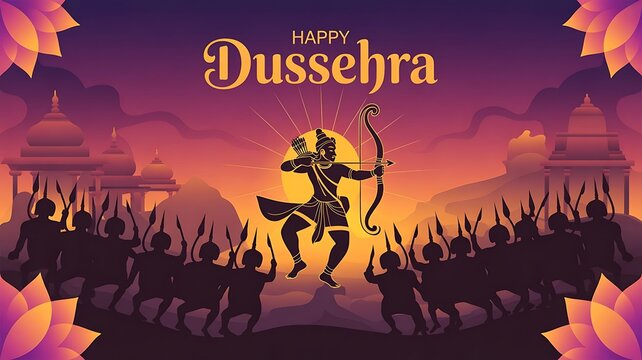 Indian holiday Vijayadashami. Happy Dussehra writing. God Rama with bow, arrows., created with generative ai