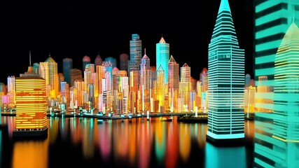 Poster - Colorful neon skyscrapers illuminating a futuristic cityscape at night, reflecting vibrantly on the dark water surface, creating a striking urban landscape filled with energy