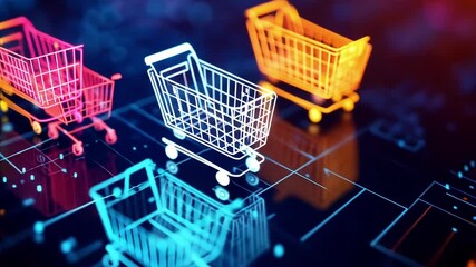 Aufkleber - Neon shopping carts moving on a digital circuit board represent the concept of online shopping and e commerce in a futuristic and vibrant visual