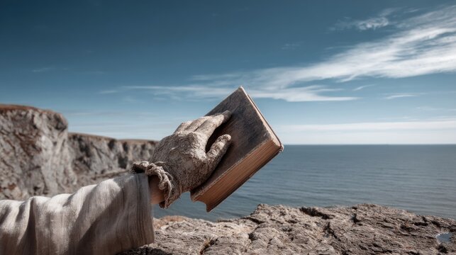 Hand holding book over ocean view