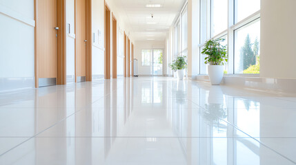 Poster - A bright and clean hallway with polished floors and natural light streaming through large windows, enhancing the spacious feel.