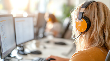 Poster - A focused individual wearing headphones, engaged in work at a computer, illustrating modern remote work dynamics.