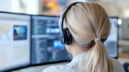 Poster - A focused individual wearing headphones works at a computer with multiple screens displaying data and charts.