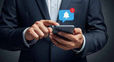 Poster - A businessman checking his phone for notifications with a bell icon in a speech bubble overlay