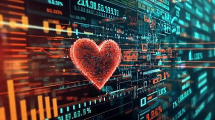 Poster - Pixelated red heart glows against a backdrop of blurred data streams and code, representing the intersection of technology, love, and healthcare